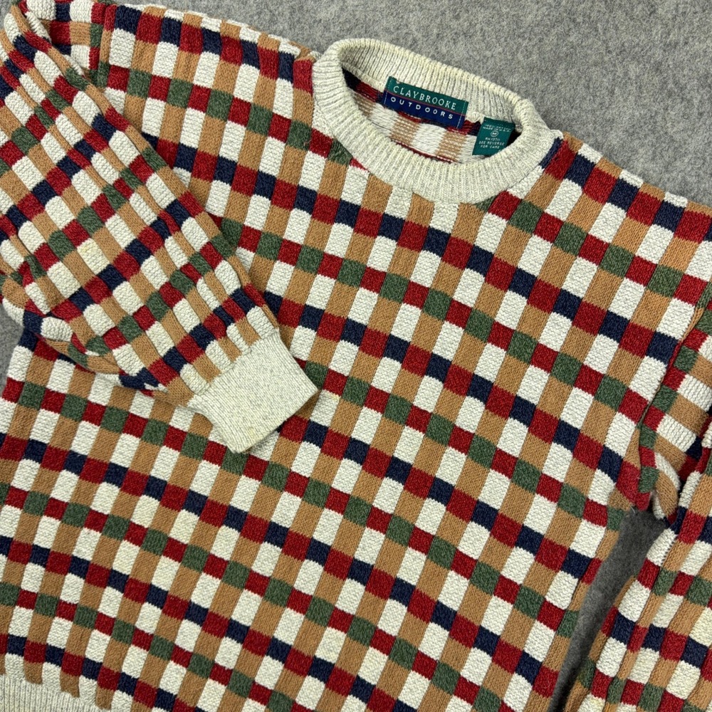 VTG Claybrooke Sweater Mens Medium Cream Checkered Textured Knit Grandpa USA 90s